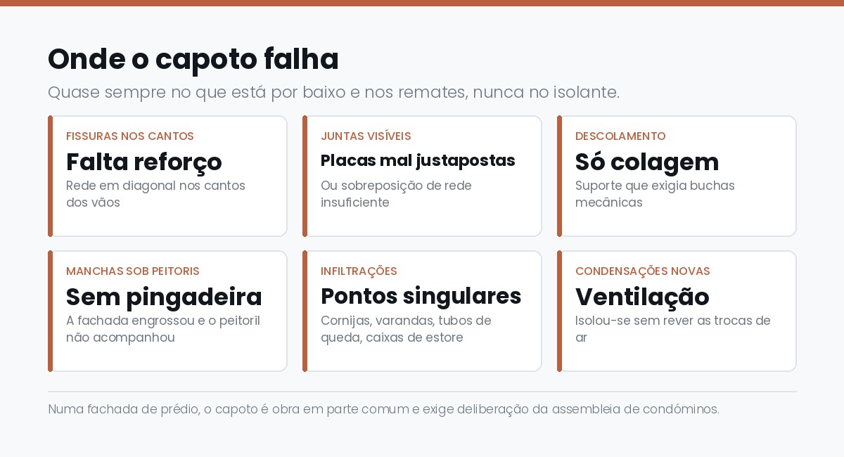 Onde o capoto falha: fissuras nos cantos dos vaos, juntas visiveis, descolamento, manchas sob peitoris e condensacoes