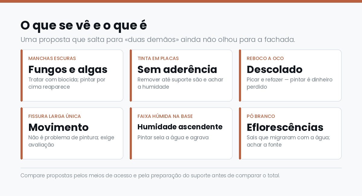 Diagnostico de uma fachada antes de pintar: fungos, tinta sem aderencia, reboco a oco, fissuras, humidade ascendente e eflorescencias